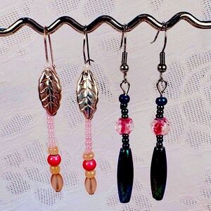 Earrings Pierced Handcrafted Unique Design 
Pink Pearls & Purple/Green, Hot Pink